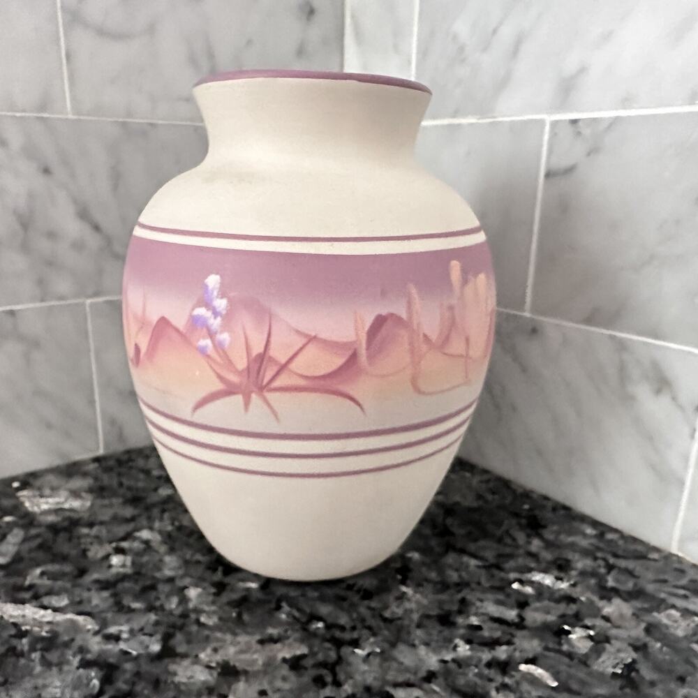 Vintage New West Pottery Pink Sunset Desert Hand Painted Vase 6.25"